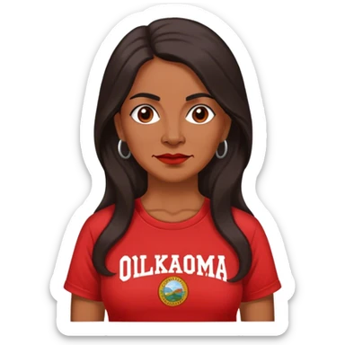 Realistic 50 year old Mexican woman long hair in a red “OKLAHOMA” t-shirt sticker