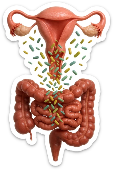 UTERO UMANO E INTESTINO ANATOMICI REALISTICI SONO UNO SOPRA ALL'ALTRO E SI PASSANO I BATTERI A VICENDA, CON BATTERI CHE ESCONO DALL'INTERNO, IPERREALISTICO 4K, NON DISEGNATO sticker