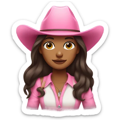 Brown girl with very long darn brown hair wearing a pink cowgirl hat sticker