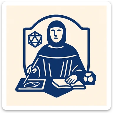 Design a flat blue startup logo inspired by Luca Pacioli, featuring geometric shapes and mathematical elements from the painting, but without the tool to his right. Try a badge or emblem style, keep it simple and modern. sticker