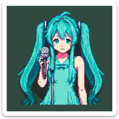 Hatsune Miku singing with a microphone, teal hair, pixel art character sticker
