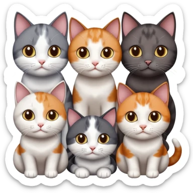 4 different coloured short haired cats including; a dark brown and white cat, and a dark grey and white, and a calico sticker
