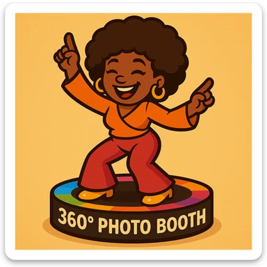 Place the disco emoji of a female African American on a 360 photo booth platform, as if she is dancing on it, in vibrant toon art style. sticker