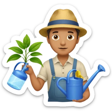 man pouring water onto a green plant,  with a watering can in hand,  sticker