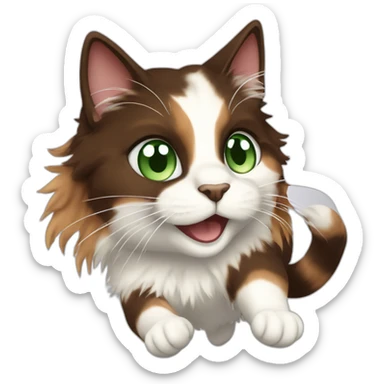 jumping longhaired white and dark brown calico cat with green eyes jumping sticker