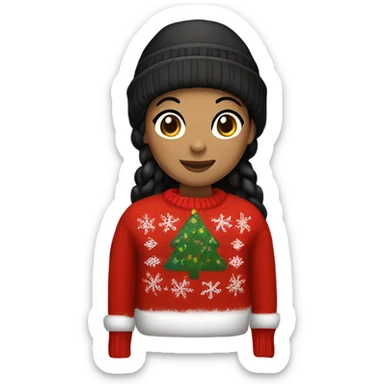 Red Christmas sweater on tan woman with black hair and a beanie  sticker