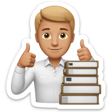 man on a stack of files, giving a thumbs up emoji sticker