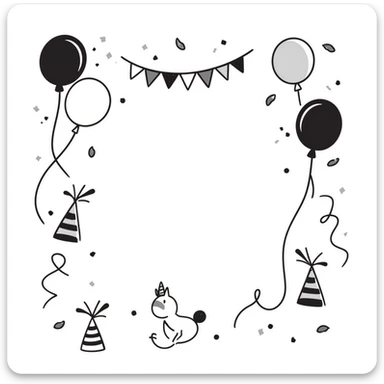 Festive party decorations including balloons, streamers, confetti, party hats, and bunting flags. Using specific pastel colors (dd9fb0, ffc6d3, a3bfc9, c4bee2, f1b091). Hand-drawn doodle style with playful, celebratory elements arranged in a decorative composition. Transparent background. sticker