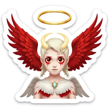 half demon half angel character split down the middle one side angelic with halo white wing glowing other side demonic with horn red wing dark aura sticker