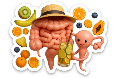 EMOJI STILE IPHONE DI INTESTINO E UTERO UMANI REALISTICI CON CAPPELLO DI PAGLIA DA SPIAGGIA CHE BEVE UN Tè FREDDO IN BICCHIERE DI VETRO CON DENTRO  fette di cetriolo, limone, lime, DIETRO L'INTESTINO FLUTTUANO PEZZETTI DI Kiwi
Banana acerba
Arance e mandarini
Mirtilli
Ananas
Papaya
IPERREALISTICO 4K sticker