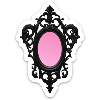 "Design a Victorian Gothic mirror with an ornate black frame featuring scrollwork and filigree. Include accents of dark red and burnt pink. The mirror glass should be gray, creating a mysterious and somber look." sticker