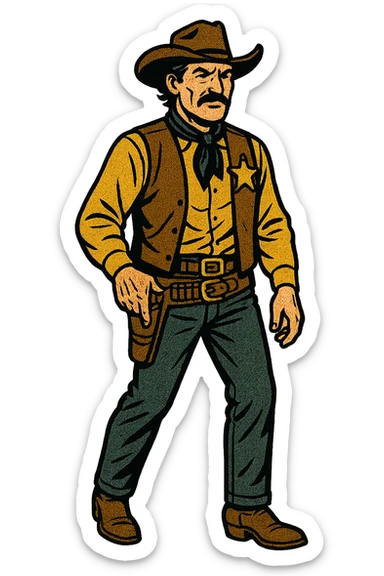 The full body of a middle aged sheriff from the American West sticker