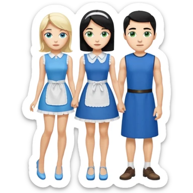 King, black hair, body, legst, blue eyes, blue garmont,  shoes, blonde maid, green eyes, sexy short sleveless White dress, shoes sticker