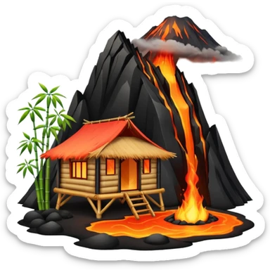 bamboo hut front of the volcano lava flowing sticker
