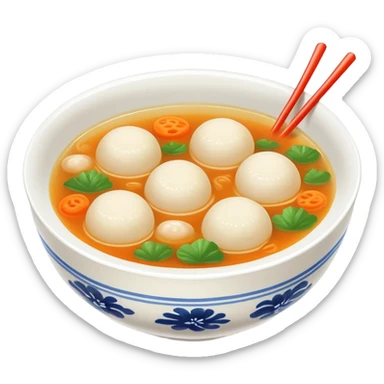 Fujian fish ball soup with clear broth in bowl, simplified emoji style with bold outlines and bright colors, cartoon style Southern Chinese breakfast Yu Wan Tang sticker