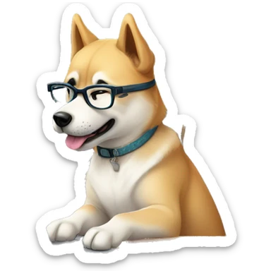 A cute Jindo dog from Korea wearing glasses and sitting at a desk, studying WordPress on a laptop. The dog has a determined expression. The background shows Korean-style room decor. Digital art style, vibrant colors, detailed illustration. sticker