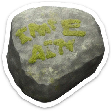 large rock with engraved words covered in lichen sticker
