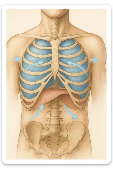 A realistic, high-quality anatomical illustration showing a human torso with visible rib cage and diaphragm. The ribs are shown in a decompressed, expanded state, allowing full lung expansion, while the diaphragm is depicted as relaxed and lowered, indicating deep, efficient breathing. Soft blue and warm tones highlight airflow and lung capacity, with light arrows illustrating the air movement during diaphragmatic breathing. The image conveys a sense of calm, openness, and optimal breathing mechanics, useful for physiotherapy, breathing education, and osteopathic learning contexts realistica sticker