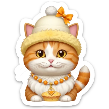 cat wearing a creamy cake hat with fun necklace around his neck and a yellow bow in the middle sticker