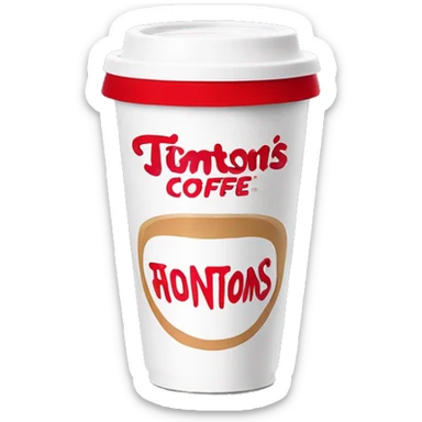 “Red Tim Hortons coffee cup with large white ‘Tim Hortons’ logo in script, black plastic lid, and a simple, clean design.” sticker