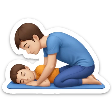 Man with short brown hair in child’s pose sticker
