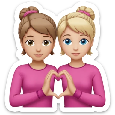 Two best friends making a heart shape with their hands together. One of them has blond hair which is shorter and the other has brown hair tied up. They are both wearing pink outfits. They both have blue eyes  sticker