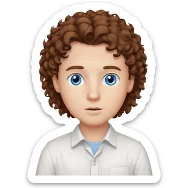 White boy with blue eyes and brown semi long hair with a White shirt without a side part, curly hair sticker