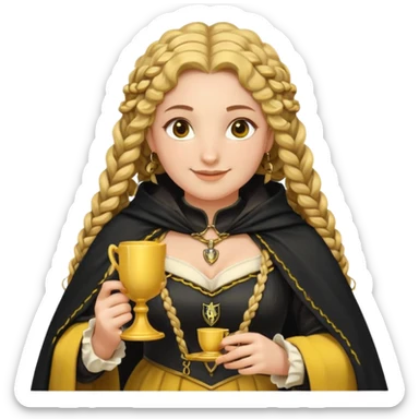 Helga Hufflepuff, 2 curly thick brown braids, yellow-black medieval dress, black cloak decorated with gold braiding, tiny two-handled shiny yellow-gold cup, very kind smile, curvy busty sweet woman, thick rosy cheeks sticker