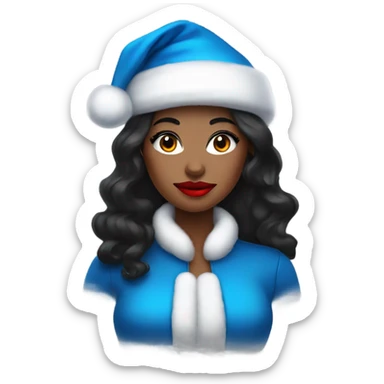 Black haired lady with bright red lipstick and blue eye shadow.  Wearing a Santa hat sticker