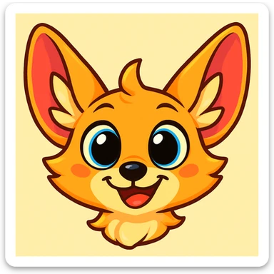 Make the fennec fox head even more cartoonish with exaggerated large eyes and ears, use brighter colors, and give it a playful expression. Maintain a style suitable for editing and cartoonish illustration. sticker