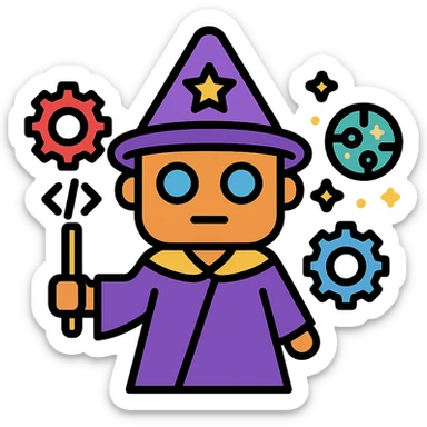 vector illustration of a mini AI wizard with floating gears, a wand made of code, sparks of automation magic coming out of a circuit orb, clean lines, modern tech aesthetic, suitable for branding sticker