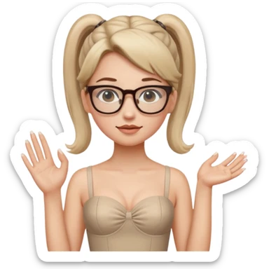 Une fille avec une robe courte en bustier beige avec des lunettes et une demie queue , des ongles en french manucure  sticker