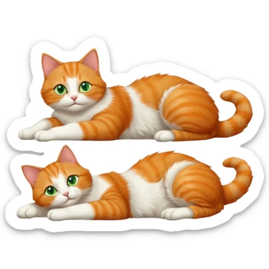 ginger and white cat with green eyes doing a big extremely long stretch reaching up into the air with arms and legs side by side together straight and overextended whilst lying on its side sticker