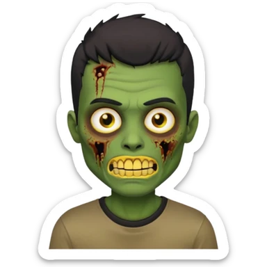 I want you to give me a zombie man and his skin its green who has golden teeth, yellow eyes, eyebrows and black hair, the hair I want to be a medium modcut cut and is wearing a brown affliction T-shirt and the style being like a memoji from iphone sticker