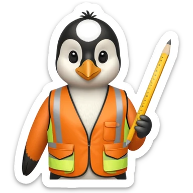 worker penguin wearing orange west holding a ruler sticker