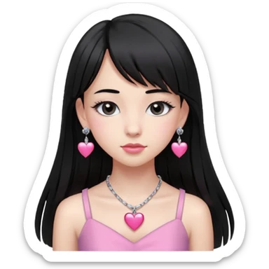 Cabelos pretos longos lisos ,com franja curvada .olhos pretos puxadinho para cima. Cílios longos curvados. Pele clara ,nariz pequeno ,lábios carnudos ,adolescente 16 anos ,vestido rosa de alça, colar de coração prata ,brinco de diamante sticker