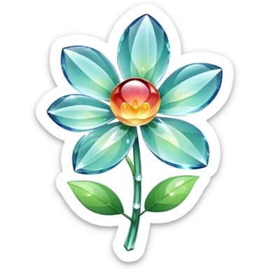 a crystal flower with delicate translucent petals sparkling with light, Apple emoji style sticker