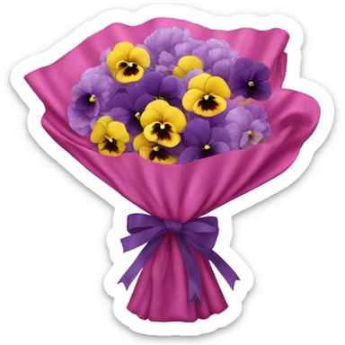 A bundle of pastel pansies and dark violet peonies wrapped in translucent deep pink fabric with a delicate bow. sticker