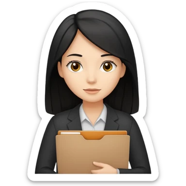 a light tan woman with long black hair past mid-back, round brown eyes and manila folder in her hands sticker