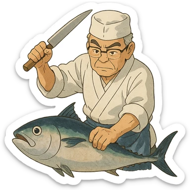 ghibli style Korean sushi master slaying a fish sticker