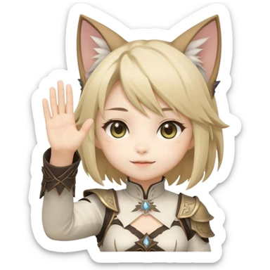 Please generate a chibi version of a cute Final Fantasy 14 catgirl waving one hand into the air to welcome new people. sticker