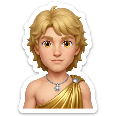 Apollo from Greek Mythology with amber eyes, long blonde hair, gold metallic toga, silver necklace sticker