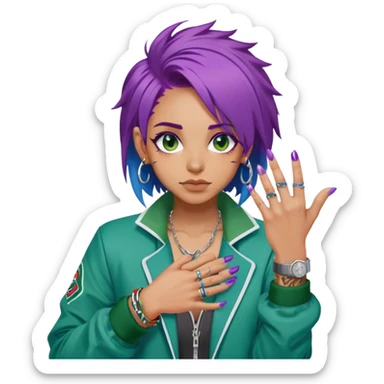 A person with messy purple hair, wearing a green sports jacket with white accents. Add details such as rings on the fingers, tattoos on the hands, and bright nail polish (blue and red). sticker