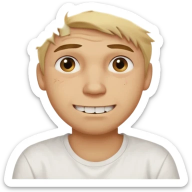 Male with short, messy blonde hair, large expressive golden-brown eyes, light brown skin, subtle facial bruises and scratches, crooked smile showing slightly damaged teeth, wearing a plain white t-shirt, friendly but creepy expression.
 sticker
