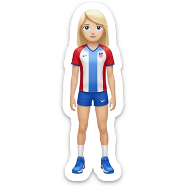 Blond long hair blue eyes tall long lashes wearing a red white and blue jersey that says USA with white shorts and Nike blazers sticker