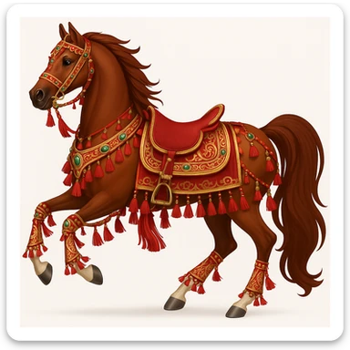Add traditional Arabian tack and ornate decorations to the Saudi Arabian horse in emoji style, keeping the galloping pose with traditional Arabian saddle as is. sticker