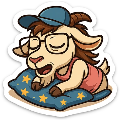 goat for Telegram stickers inspired by reference https://attic.sh/feoducyurkpqwz0la088soao98sx: wearing a cap, glasses, mullet hairstyle, pink drunkard tank top. спит на голубых тряпках с узором звездочка sticker