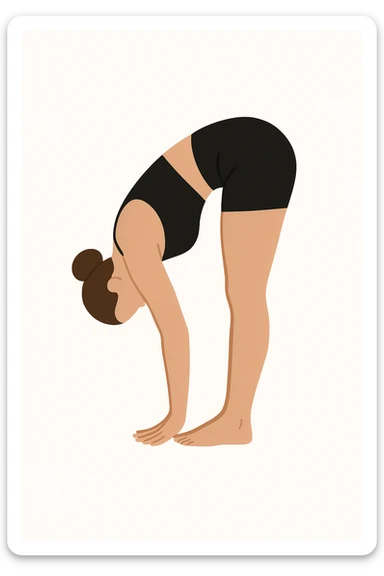 Minimalist flat vector illustration of a woman doing yoga in forward fold pose (Uttanasana), wearing sportswear (black top and black shorts), brown hair in a bun, clean white background, no face details, elegant style sticker