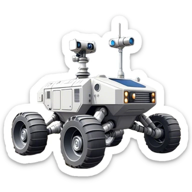 Cinematic Realistic Moon Rover – A rugged, high-tech vehicle traversing the Moon’s dusty surface. Its thick wheels leave tracks in the fine lunar regolith, with Earth hanging in the distant sky. Every mechanical detail of the rover is meticulously rendered, emphasizing its role in human exploration. sticker