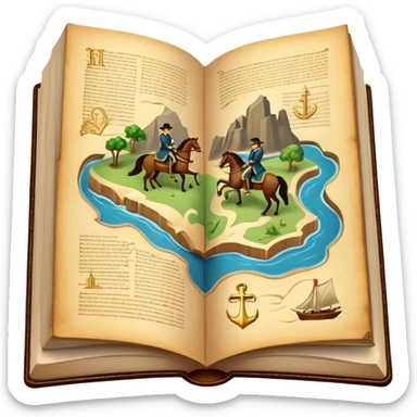 Icon for Reading Fiction: a large open book with pages turning into musketeers on horseback, Sherlock Holmes and Island of treasure map. The icon should evoke the adventure and romance of exploring fictional worlds. Transparent background. sticker